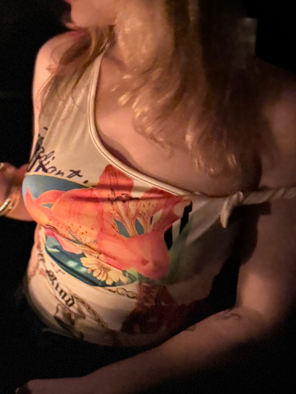 Floral Graphic One-Shoulder Tank Top - Cream with Orange & Blue Print